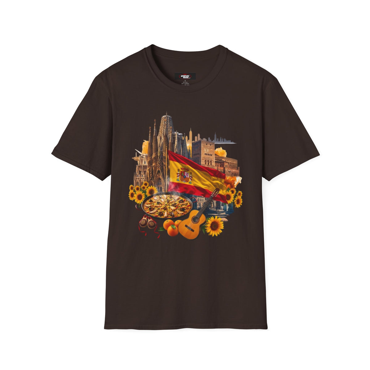 Spain Travel Collage T-Shirt — Paella, Guitar & Spanish Flag Graphic Tee