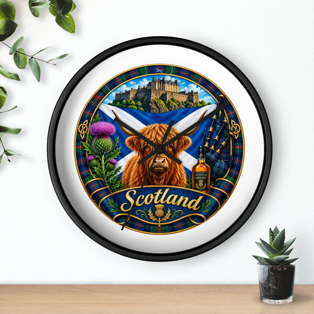 Scotland Highland Cow Wall Clock — Tartan Thistle Scottish Castle Home Decor