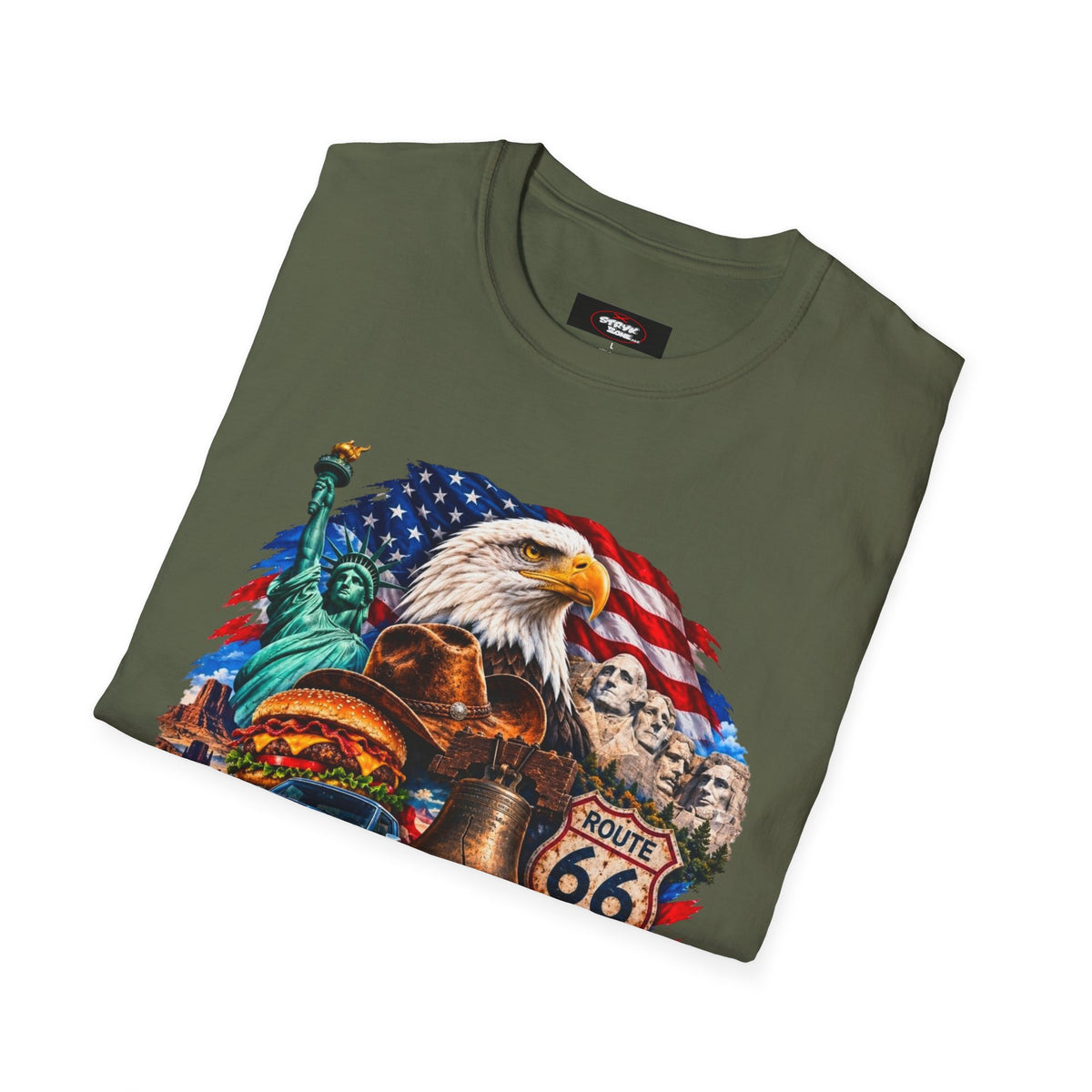 United States Patriotic T-Shirt — Bald Eagle, Statue of Liberty & Route 66 Design