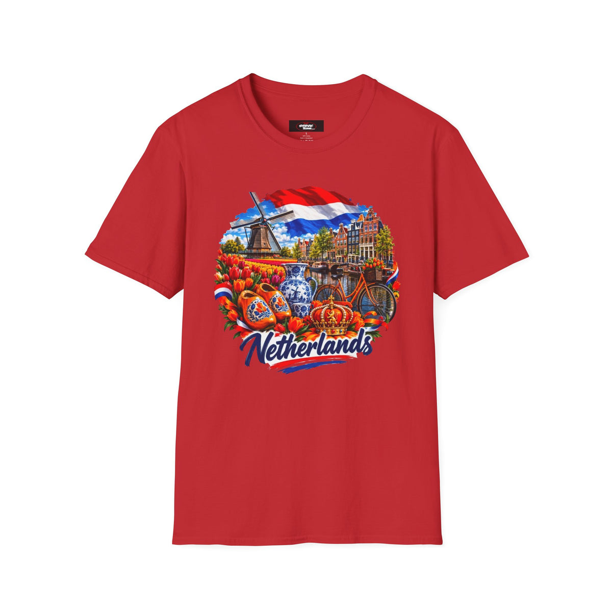Netherlands Souvenir T-Shirt — Dutch Windmill, Tulips & Flag Design