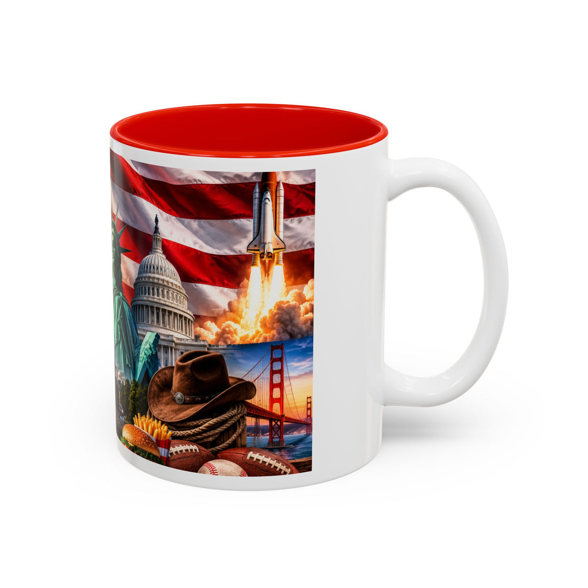 Patriotic USA Collage Mug — Statue of Liberty, Capitol & American Flag (Two-Tone)