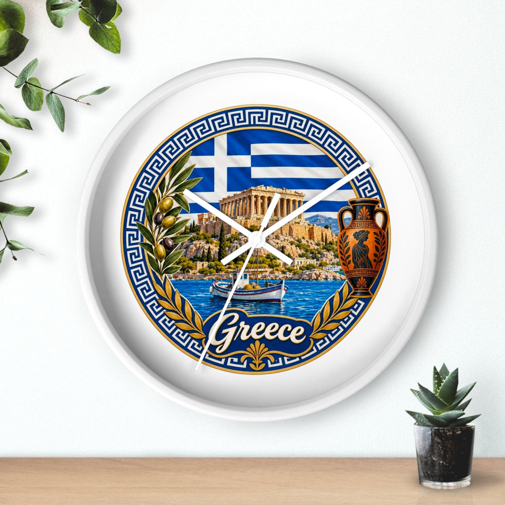 Greece Decorative Wall Clock — Parthenon, Olive Branch & Greek Flag Design
