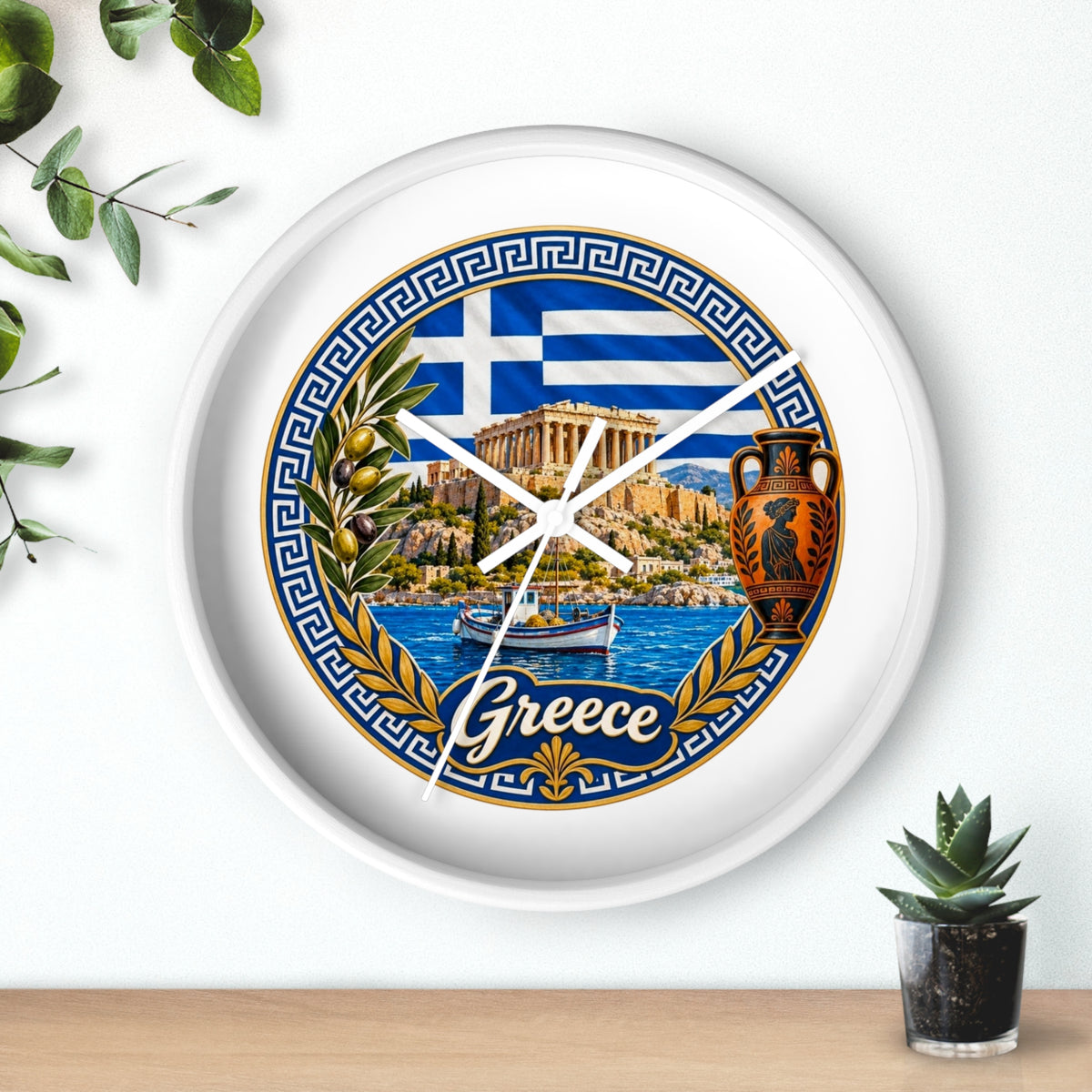 Greece Decorative Wall Clock — Parthenon, Olive Branch & Greek Flag Design