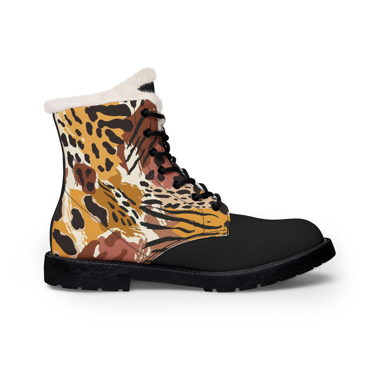 Men's Fur-Lined Leather Boots — Tiger Print Accent, Warm Winter Combat Style