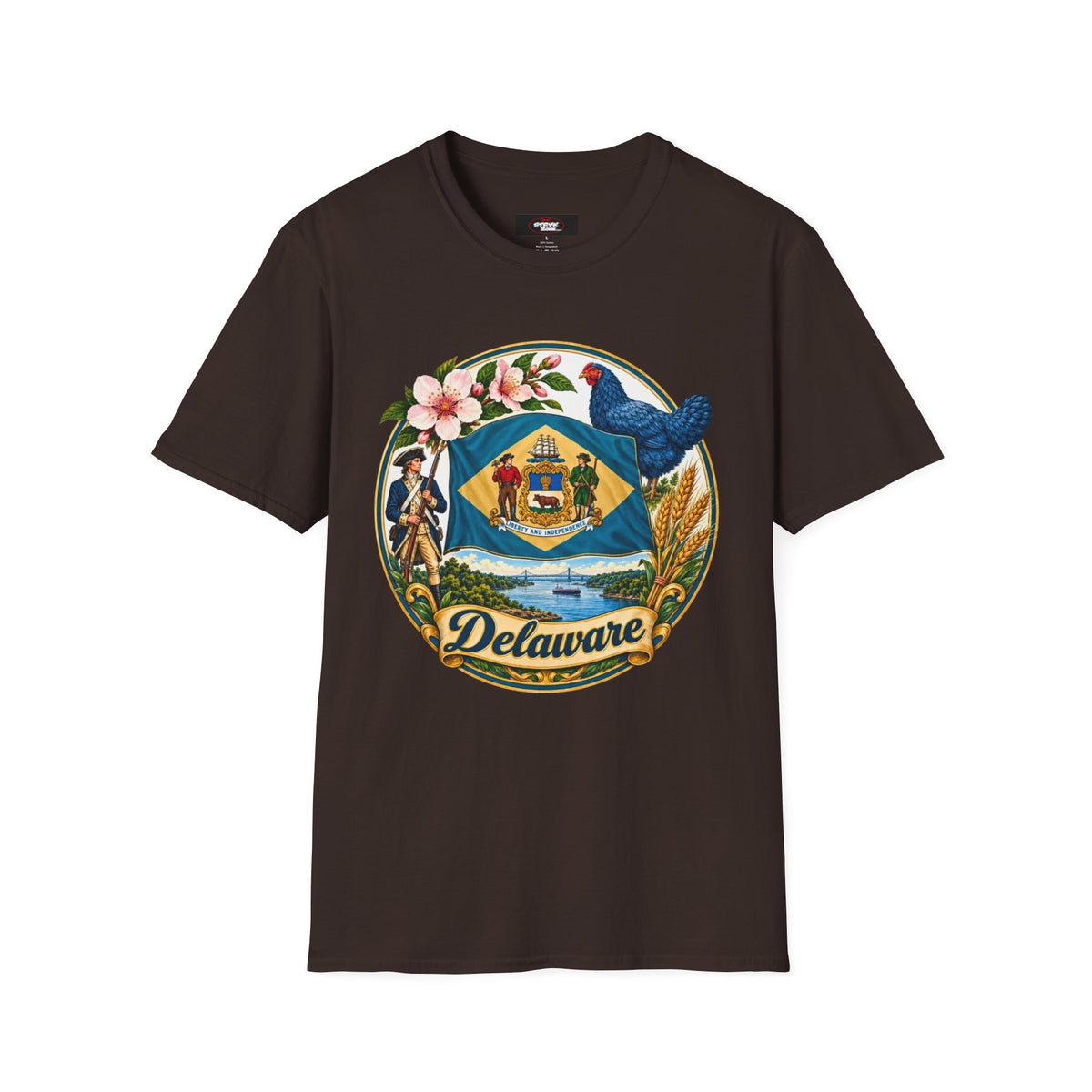 Delaware State Seal Vintage T-Shirt — Floral & Blue Hen State Emblem
