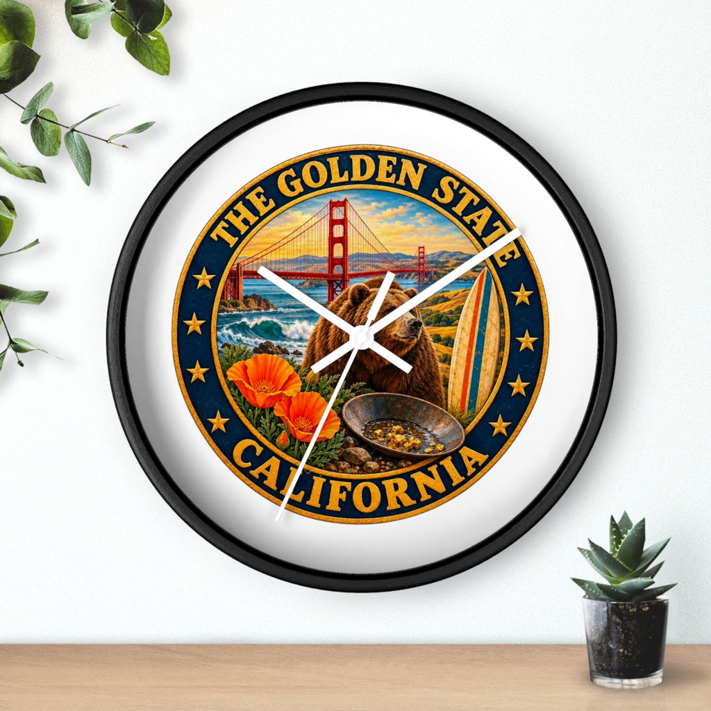 California Golden State Wall Clock — Golden Gate, Bear & Poppies Retro Travel Decor