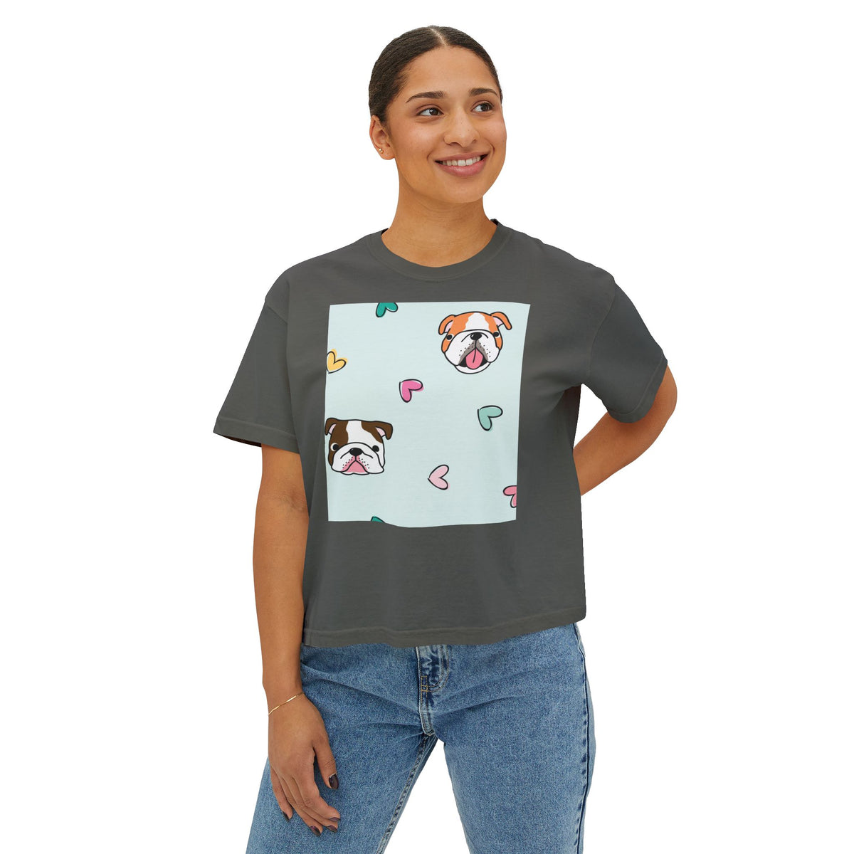 Cute Bulldog Hearts Boxy Tee