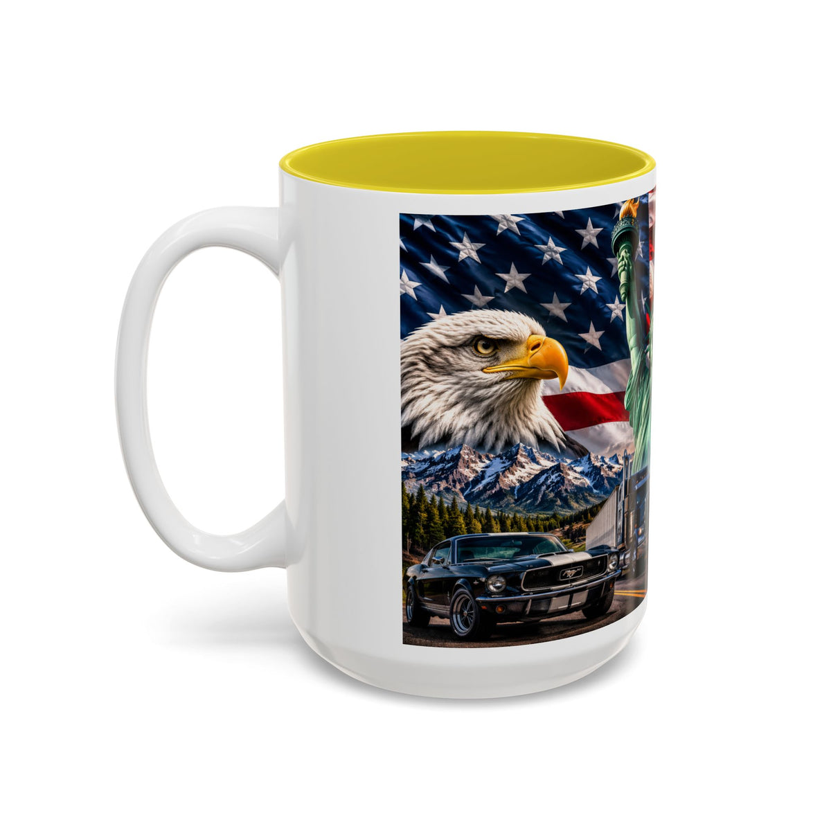 Patriotic USA Collage Mug — Statue of Liberty, Capitol & American Flag (Two-Tone)