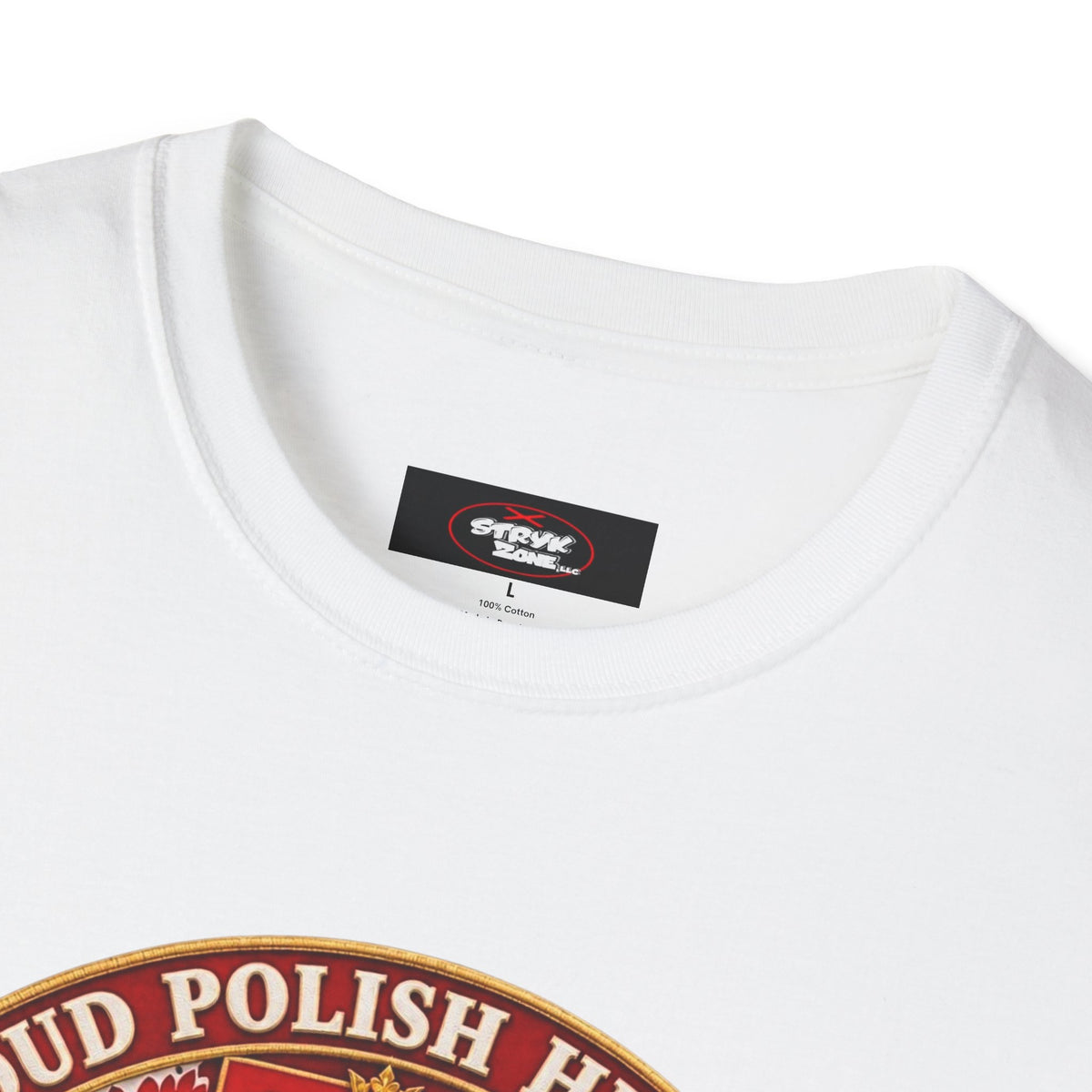 Poland Pride T-Shirt — "Proud Polish Heritage" Circle Crest with White Eagle and Floral Motif