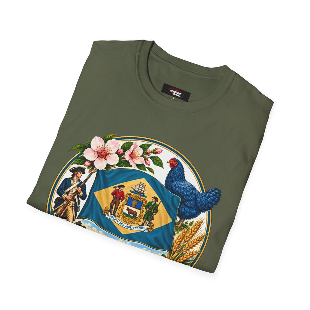 Delaware State Seal Vintage T-Shirt — Floral & Blue Hen State Emblem
