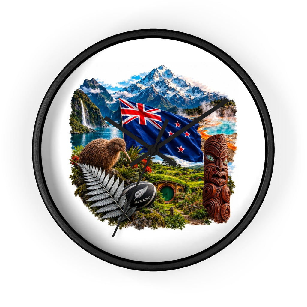 New Zealand Heritage Wall Clock — Kiwi, Silver Fern & Māori Tiki Design