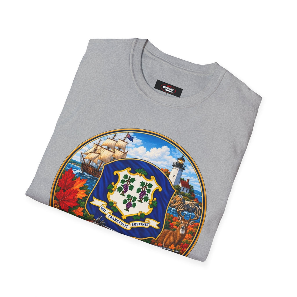 Connecticut Retro State Seal T-Shirt — Vintage Lighthouse & Ship Design