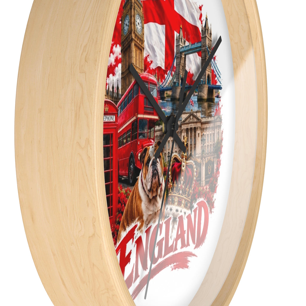 England Wall Clock – British Landmarks, Bulldog & St. George Flag Home Decor