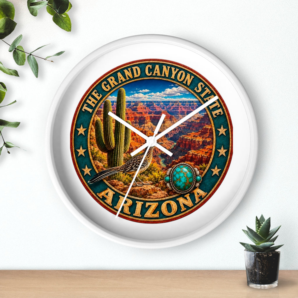 Arizona Grand Canyon State Wall Clock – Southwestern Cactus & Roadrunner Decor