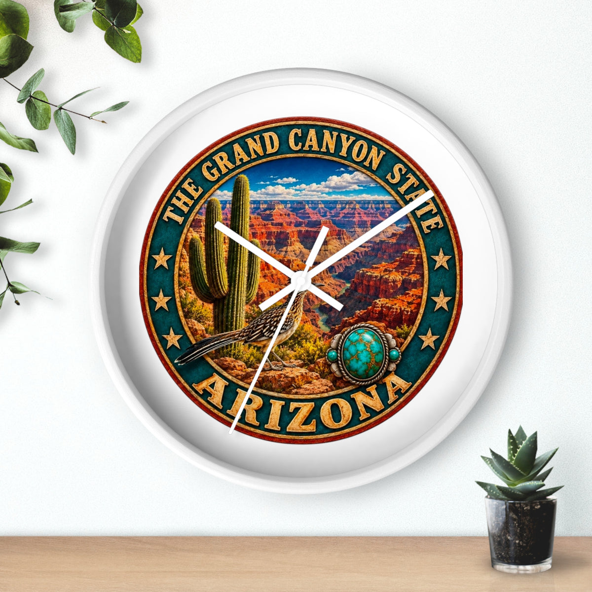 Arizona Grand Canyon State Wall Clock – Southwestern Cactus & Roadrunner Decor
