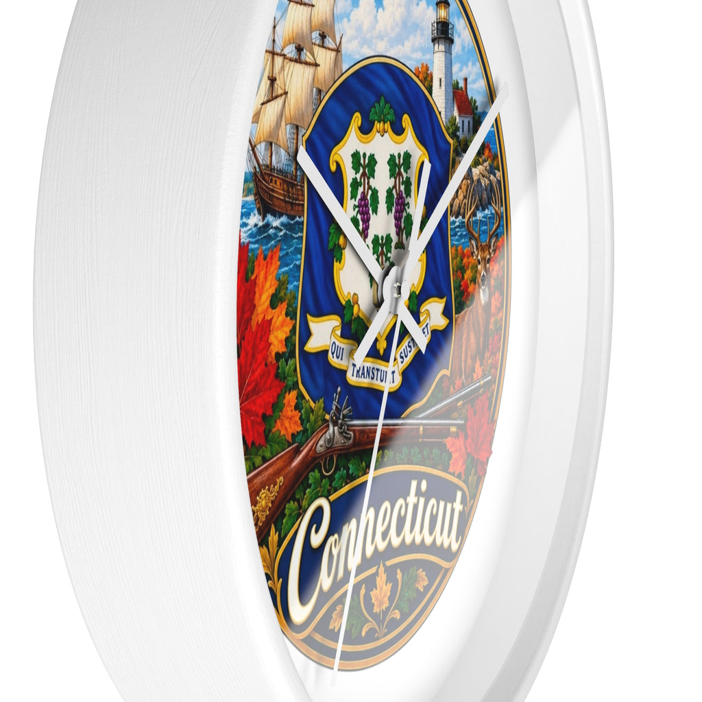 Connecticut State Emblem Wall Clock — Scenic Lighthouse, Ship & Maple Leaf Decor