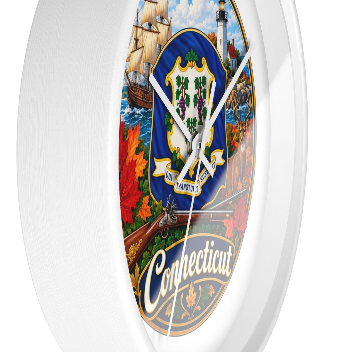 Connecticut State Emblem Wall Clock — Scenic Lighthouse, Ship & Maple Leaf Decor