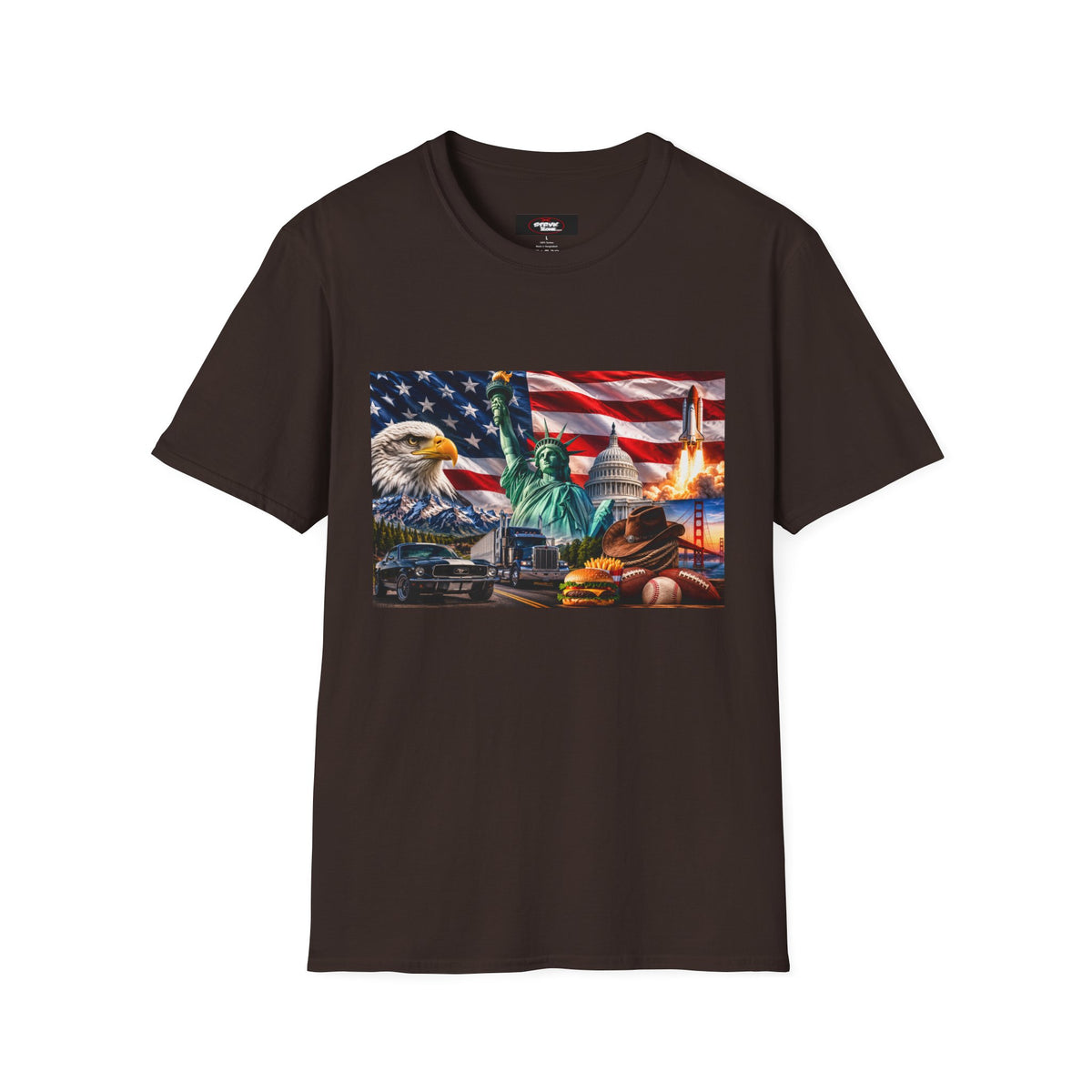 Patriotic USA Montage T-Shirt – Eagle, Statue of Liberty & American Flag Design