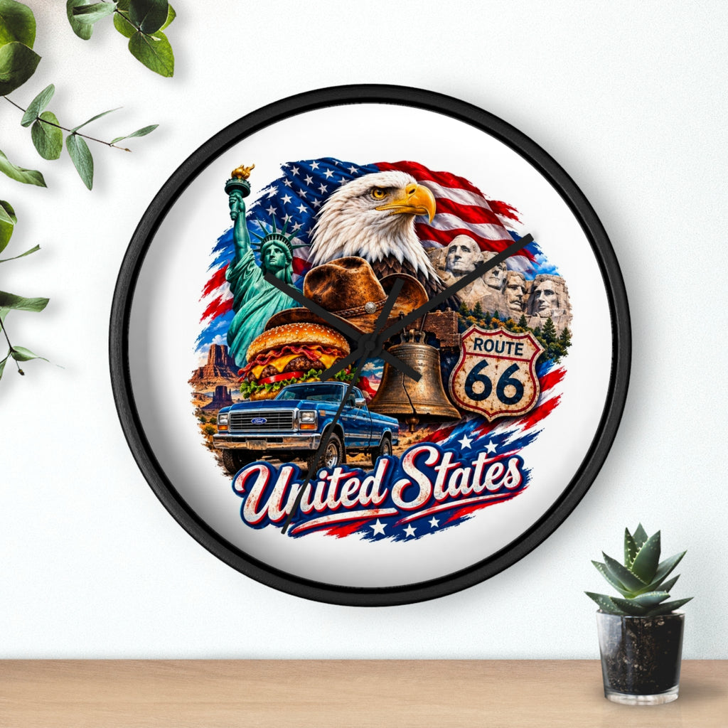 United States Patriotic Wall Clock — Eagle, Route 66 & American Landmarks