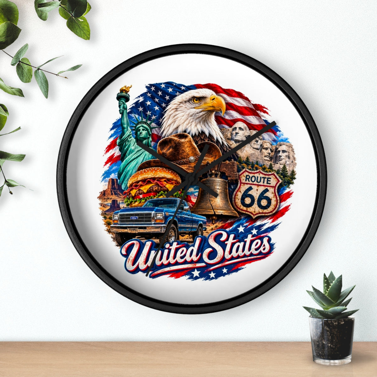 United States Patriotic Wall Clock — Eagle, Route 66 & American Landmarks
