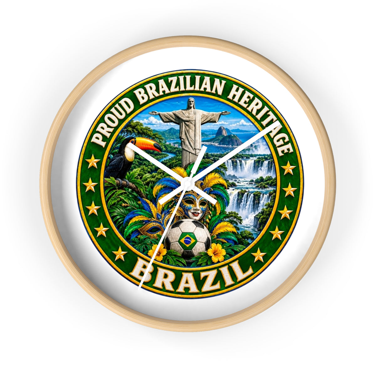 Brazil Wall Clock — Proud Brazilian Heritage Decorative Clock (Carnival, Cristo Redentor, Iguazu Falls)