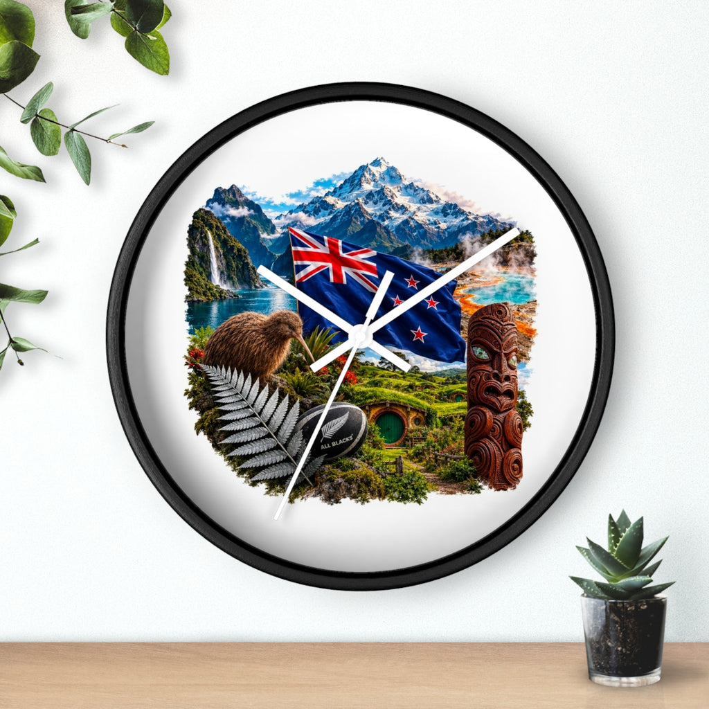 New Zealand Heritage Wall Clock — Kiwi, Silver Fern & Māori Tiki Design