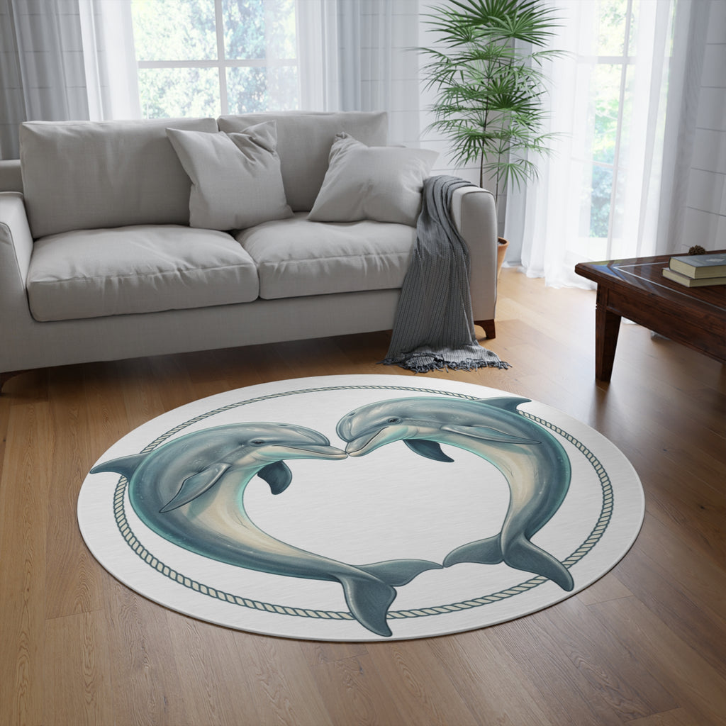 Dolphin Heart Round Rug — Nautical Coastal Accent Mat