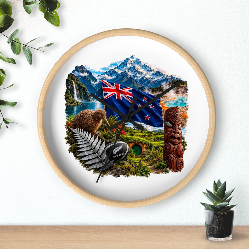 New Zealand Heritage Wall Clock — Kiwi, Silver Fern & Māori Tiki Design