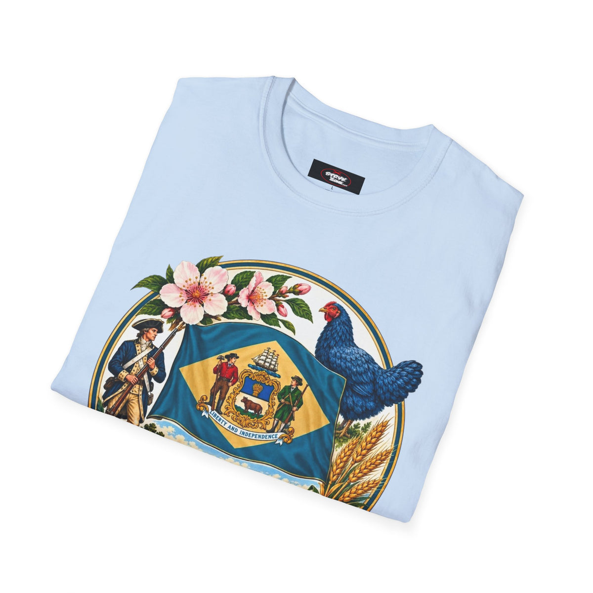 Delaware State Seal Vintage T-Shirt — Floral & Blue Hen State Emblem