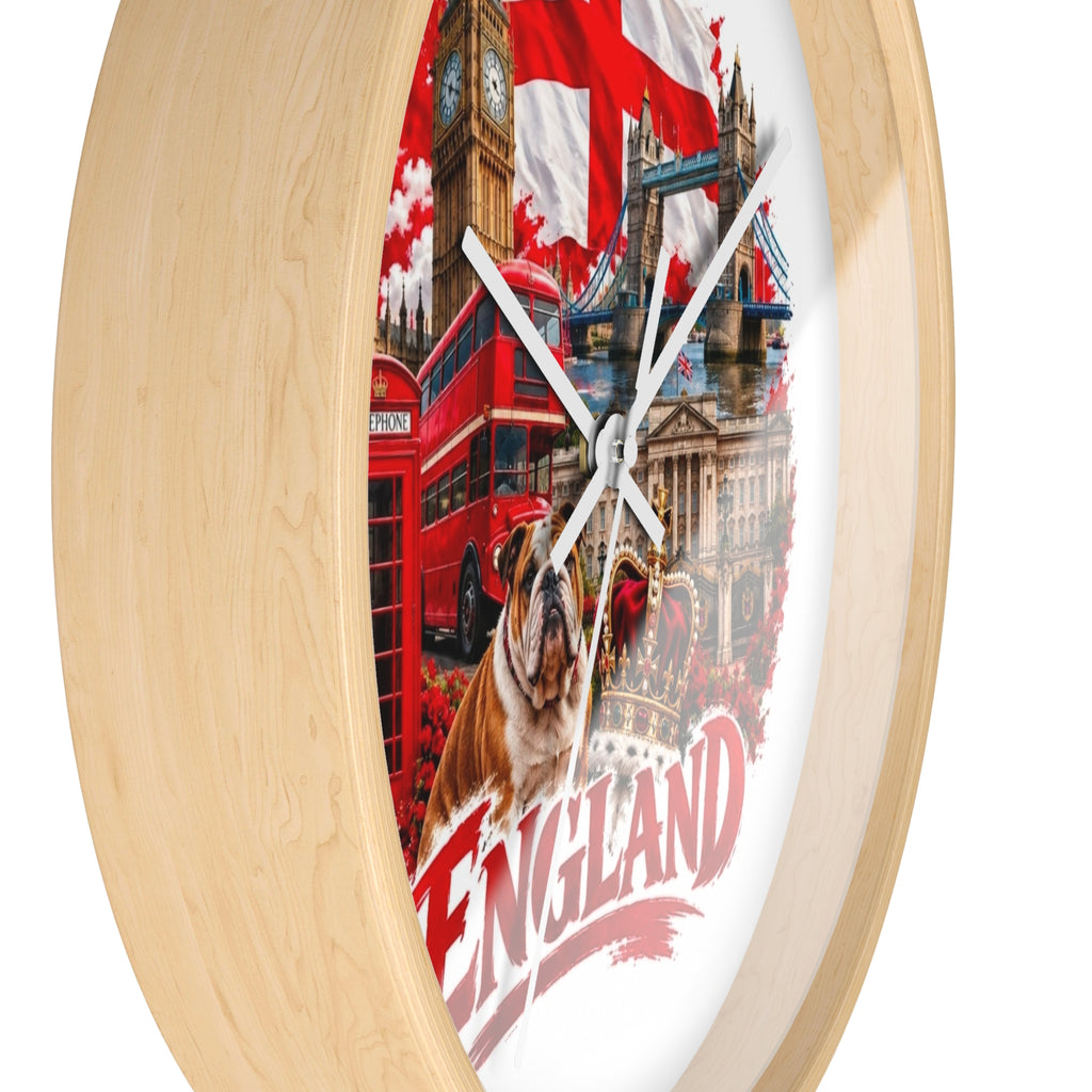 England Wall Clock – British Landmarks, Bulldog & St. George Flag Home Decor
