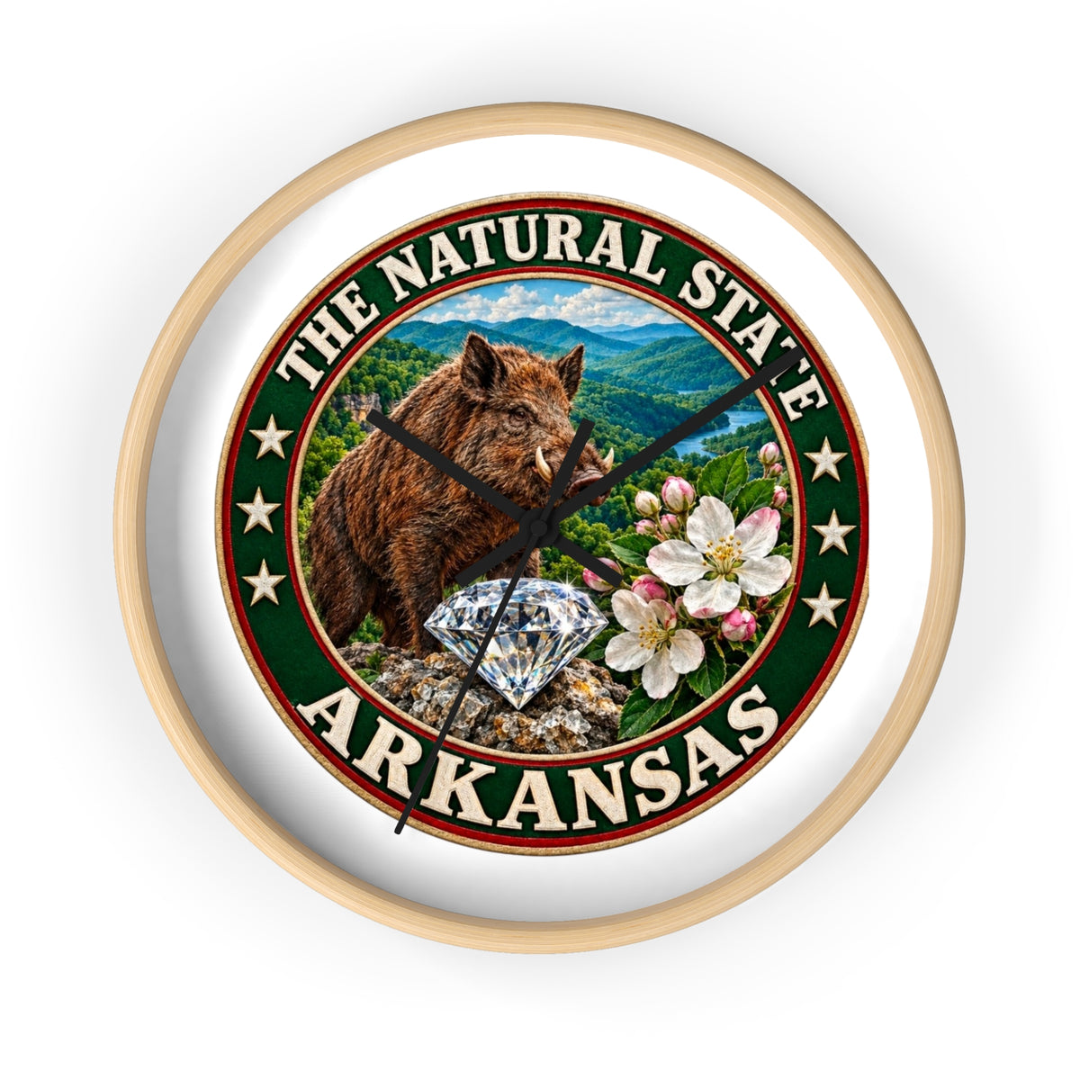 Arkansas State Seal Decorative Wall Clock — 'The Natural State' Bear, Diamond & Apple Blossom Design