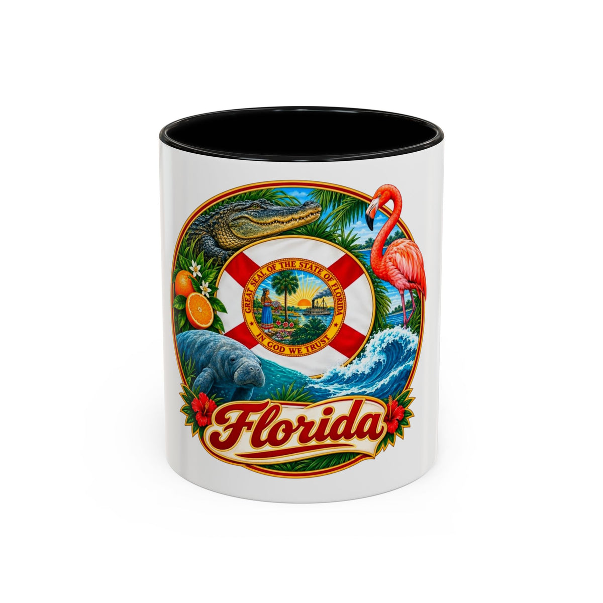 Florida Vintage Travel Coffee Mug — Flamingo, Alligator & State Seal Accent Mug