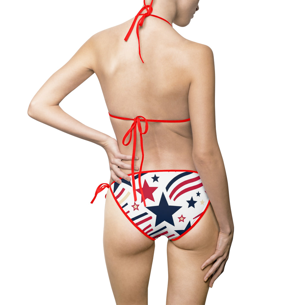 Patriotic Star Print Bikini — Women's Tie-Side Swimsuit (Red, White & Blue)