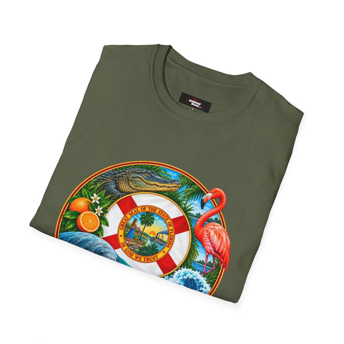 Florida Vintage Lifesaver T-Shirt — Flamingo, Oranges & Ocean Graphic