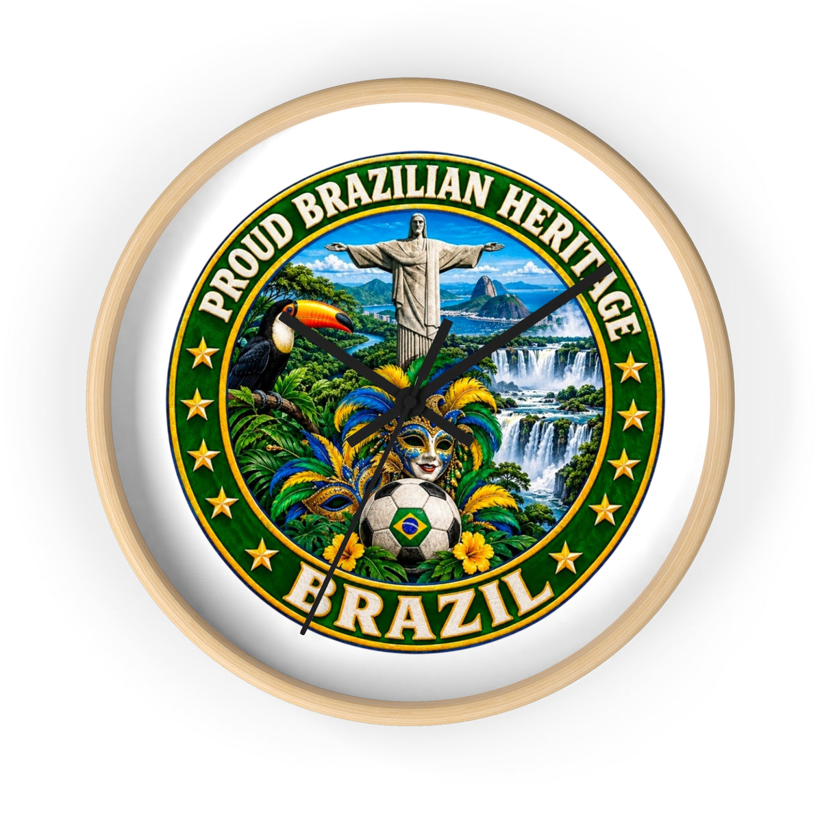 Brazil Wall Clock — Proud Brazilian Heritage Decorative Clock (Carnival, Cristo Redentor, Iguazu Falls)