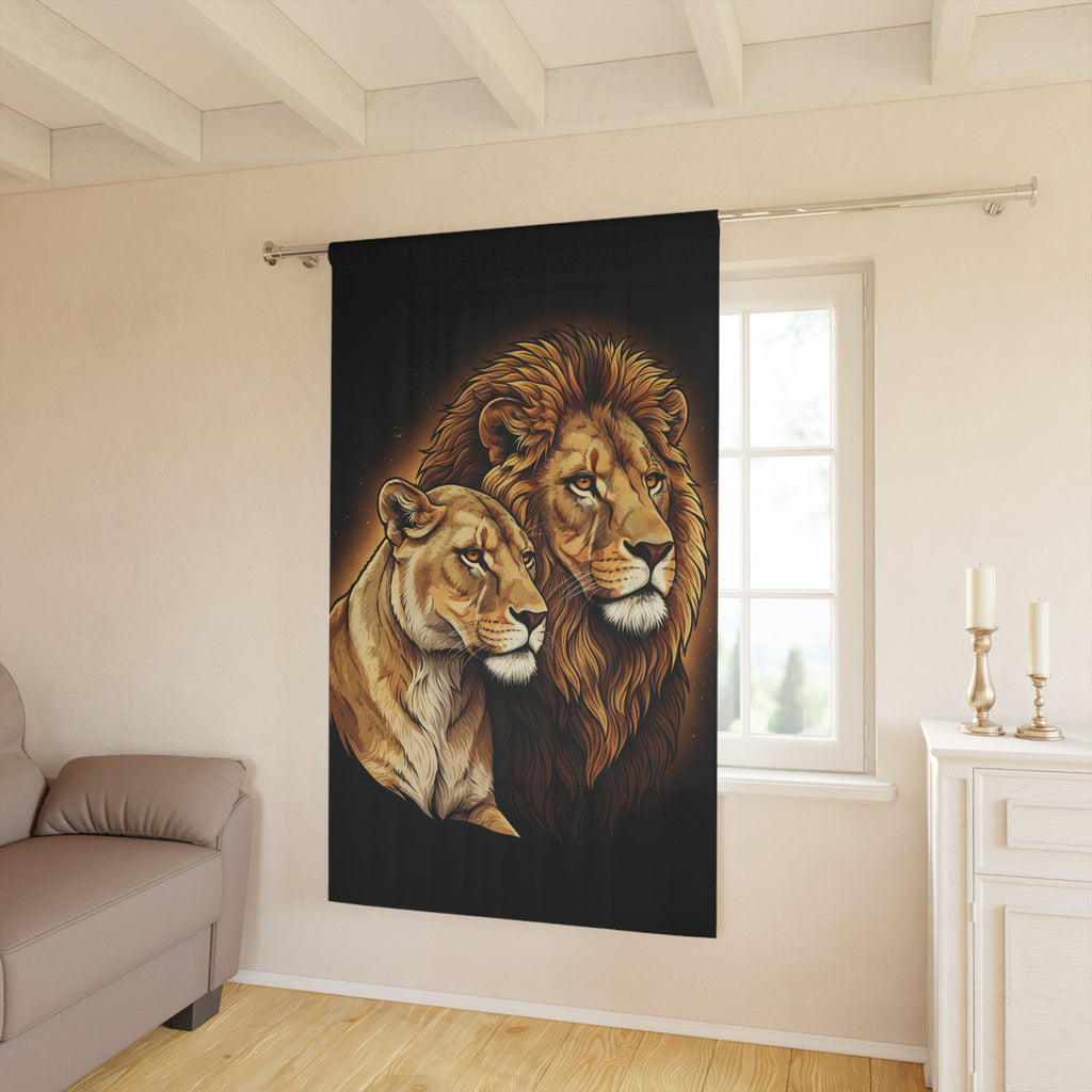 Lion Couple Window Curtain — Majestic Lion & Lioness Black Drapery