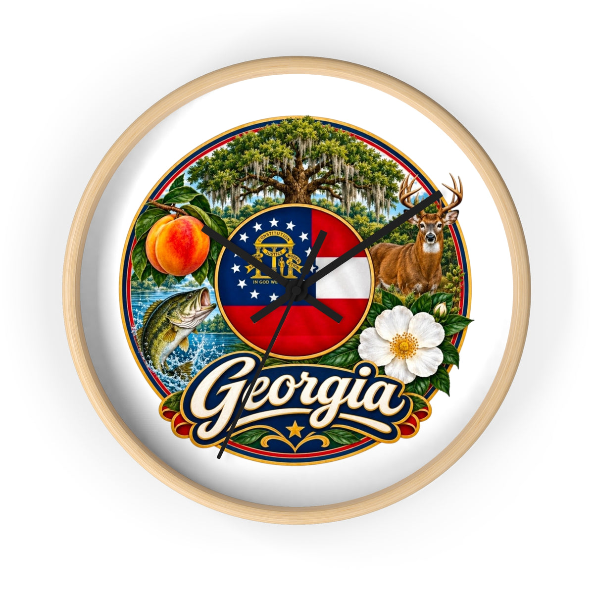 Georgia State Emblems Wall Clock — Peach, Magnolia & Outdoors Decorative Clock