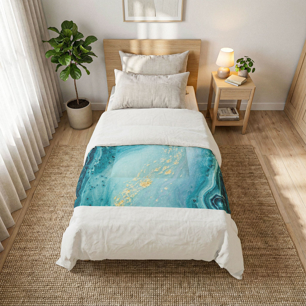 Teal Marble Cotton Comforter – Ocean Blue Abstract Bedding with Gold Veins
