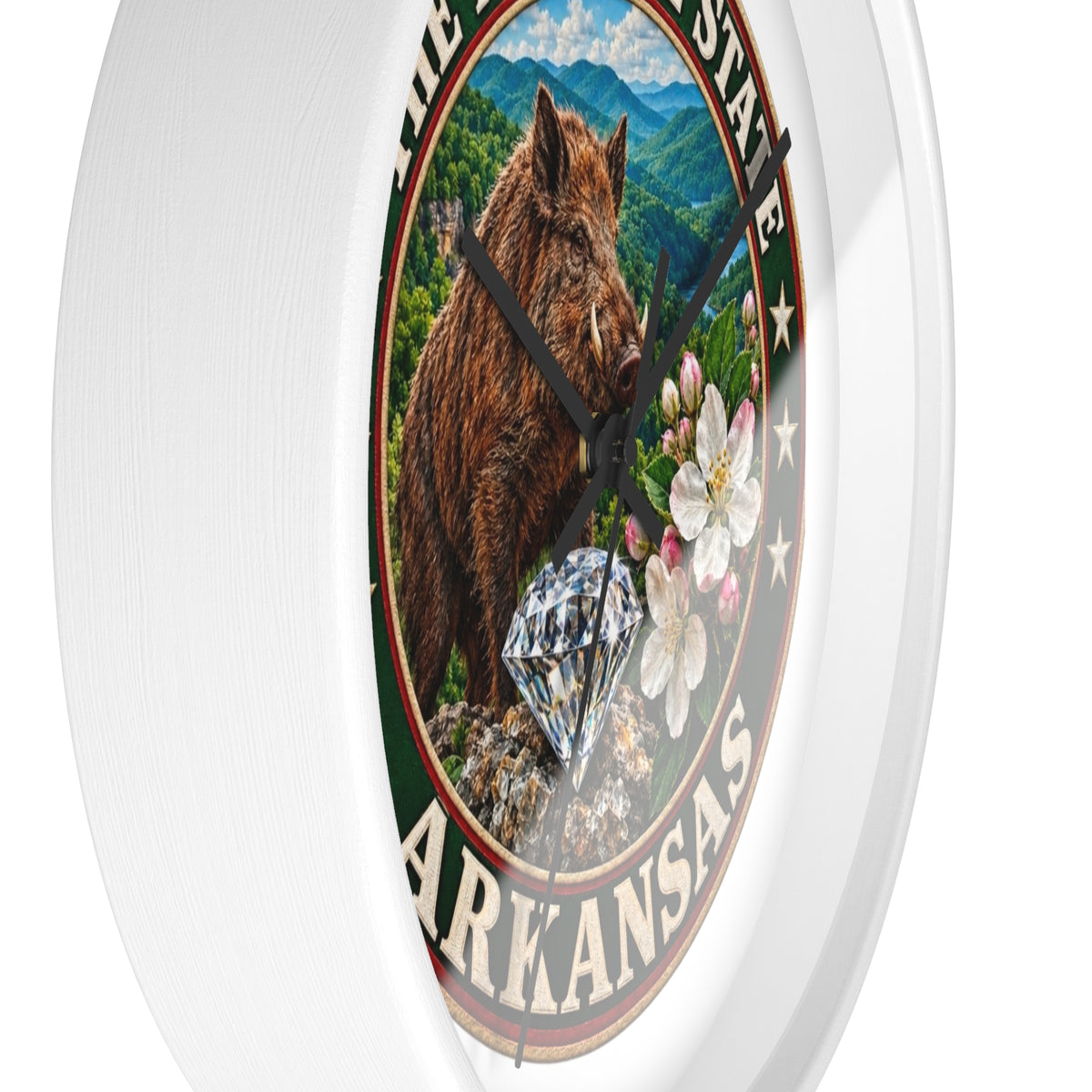 Arkansas State Seal Decorative Wall Clock — 'The Natural State' Bear, Diamond & Apple Blossom Design
