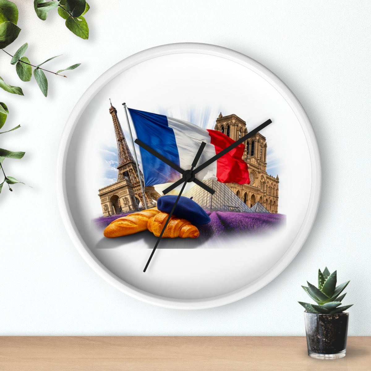 Paris France Wall Clock — Eiffel Tower, Notre-Dame & Croissant Clock