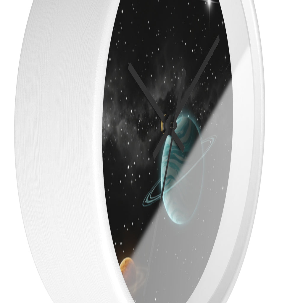 Space Planet Wall Clock — Teal Ringed Planet & Starfield Decorative Clock