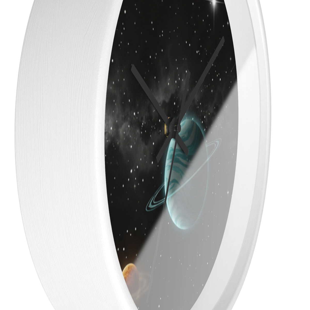 Space Planet Wall Clock — Teal Ringed Planet & Starfield Decorative Clock
