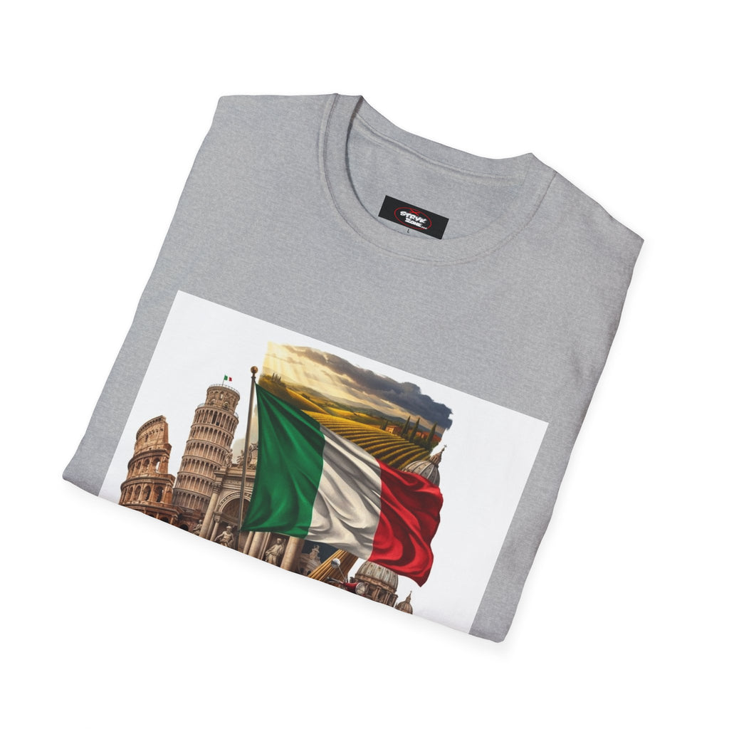 Italian Landmarks & Cuisine T-Shirt — Pizza, Colosseum & Flag Graphic