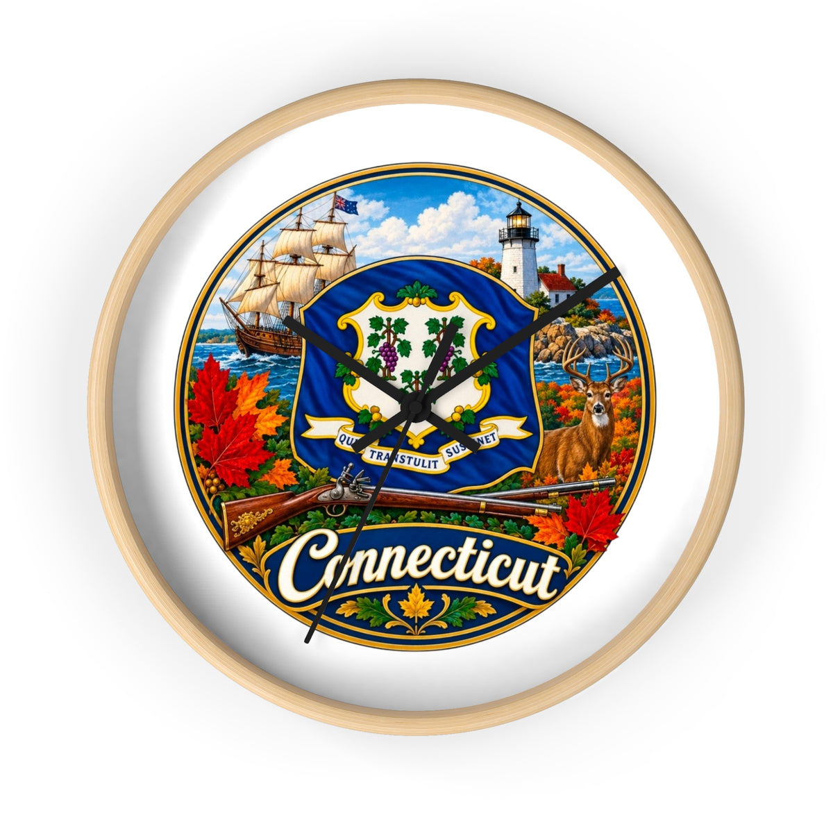 Connecticut State Emblem Wall Clock — Scenic Lighthouse, Ship & Maple Leaf Decor