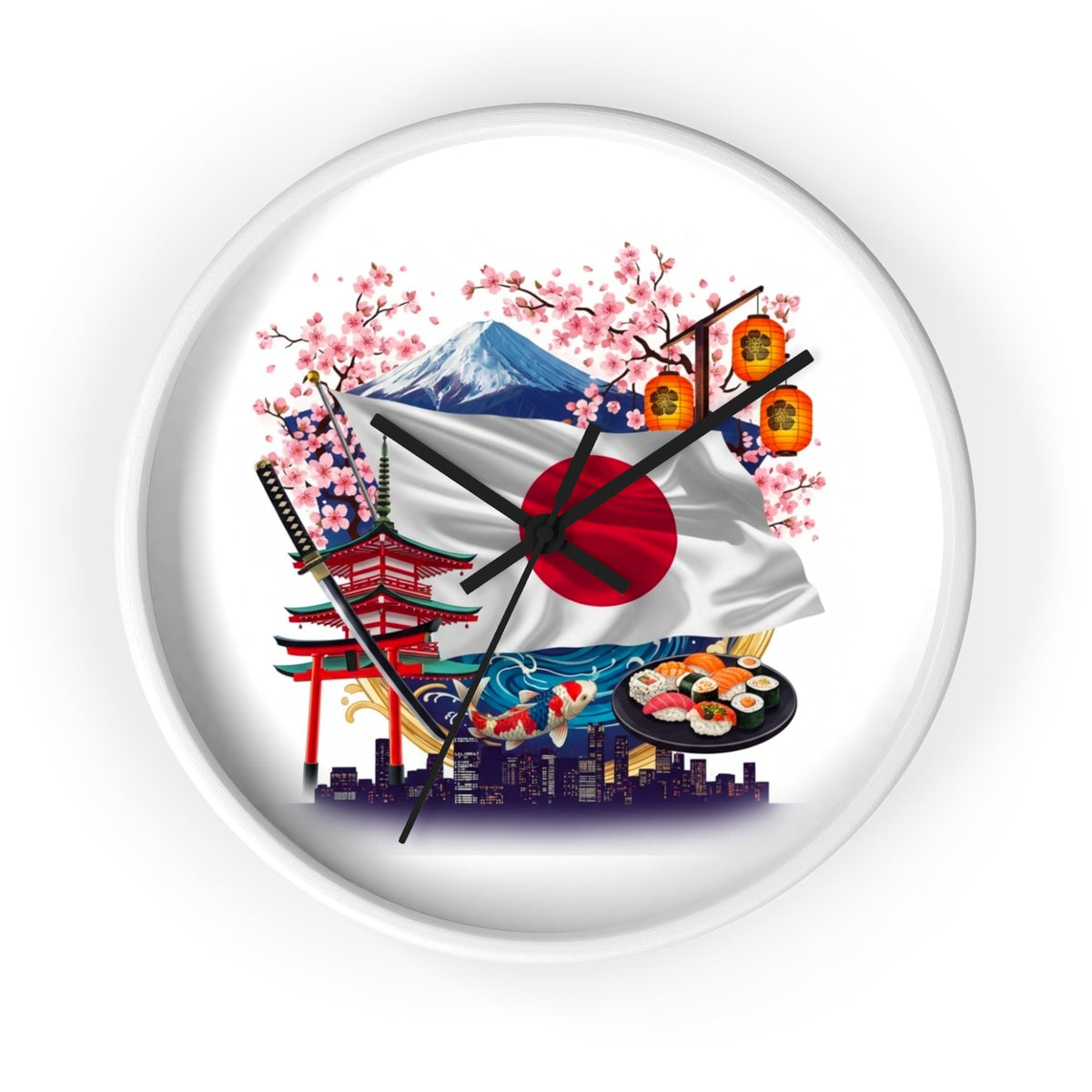 Japanese Flag Wall Clock — Mount Fuji, Sakura & Sushi Decorative Clock