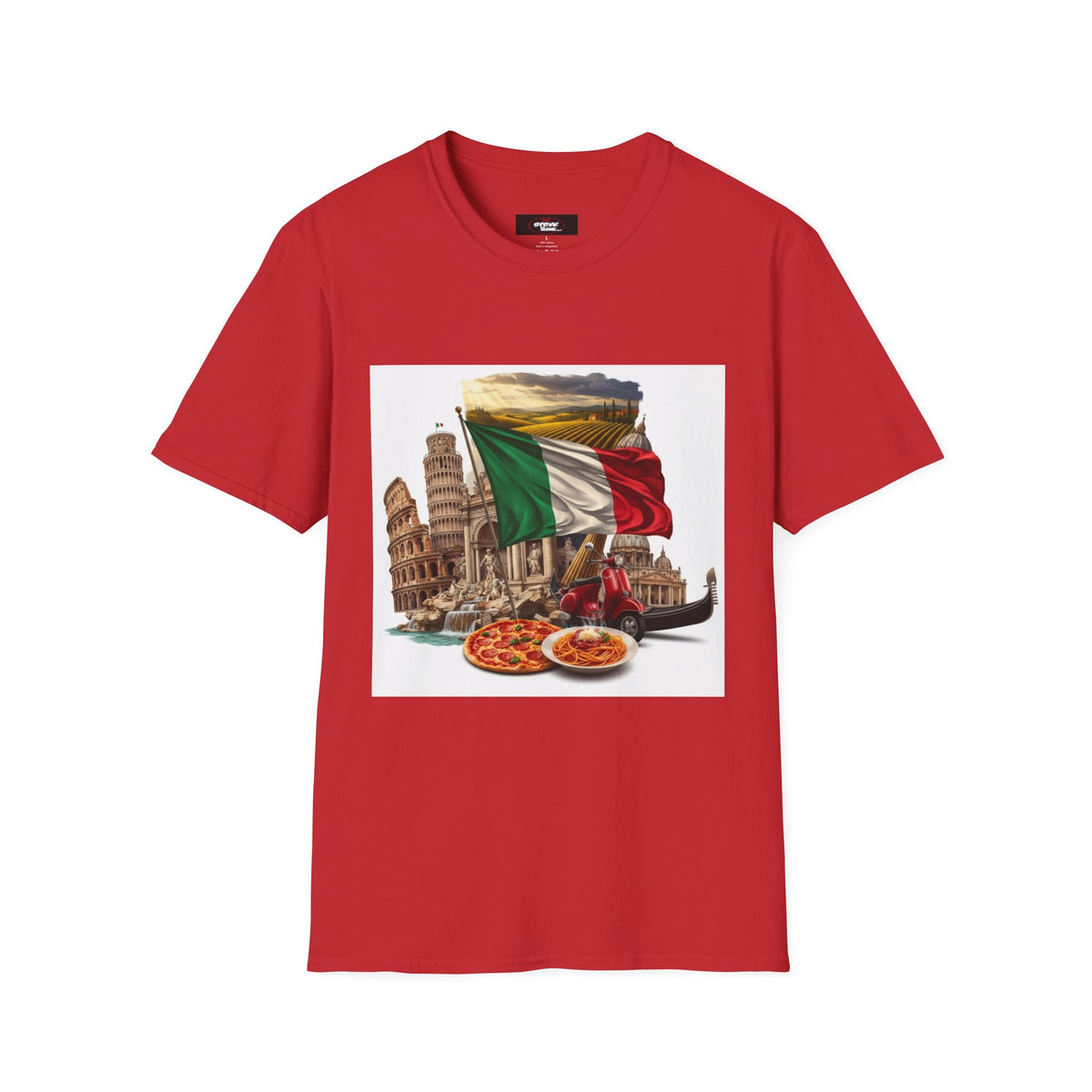 Italian Landmarks & Cuisine T-Shirt — Pizza, Colosseum & Flag Graphic