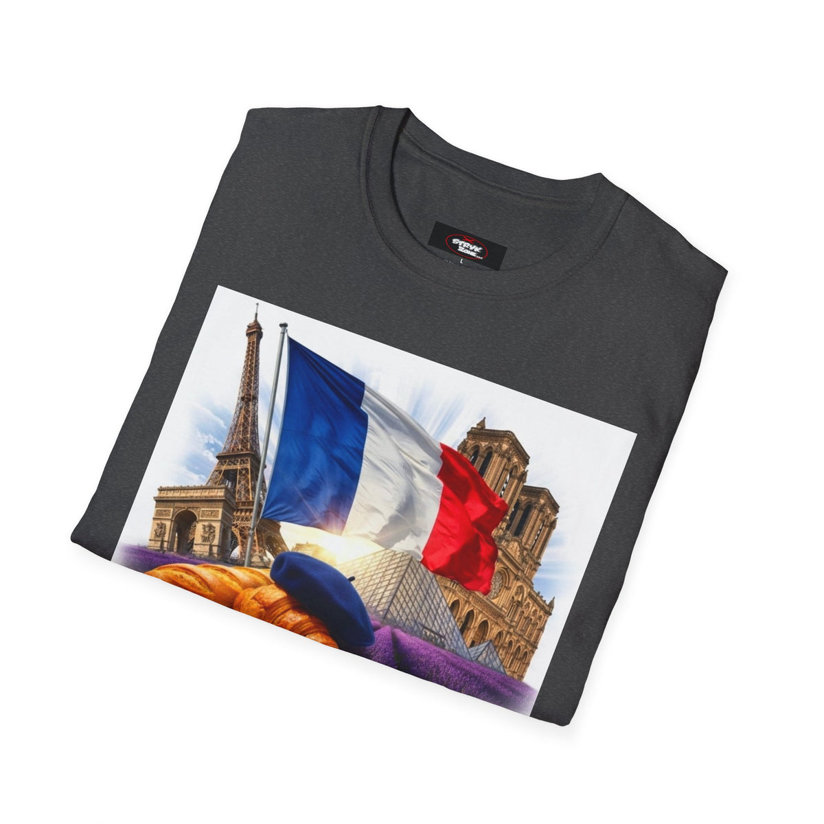 French Flag & Landmark T-Shirt — Eiffel Tower, Notre-Dame & Croissant Graphic