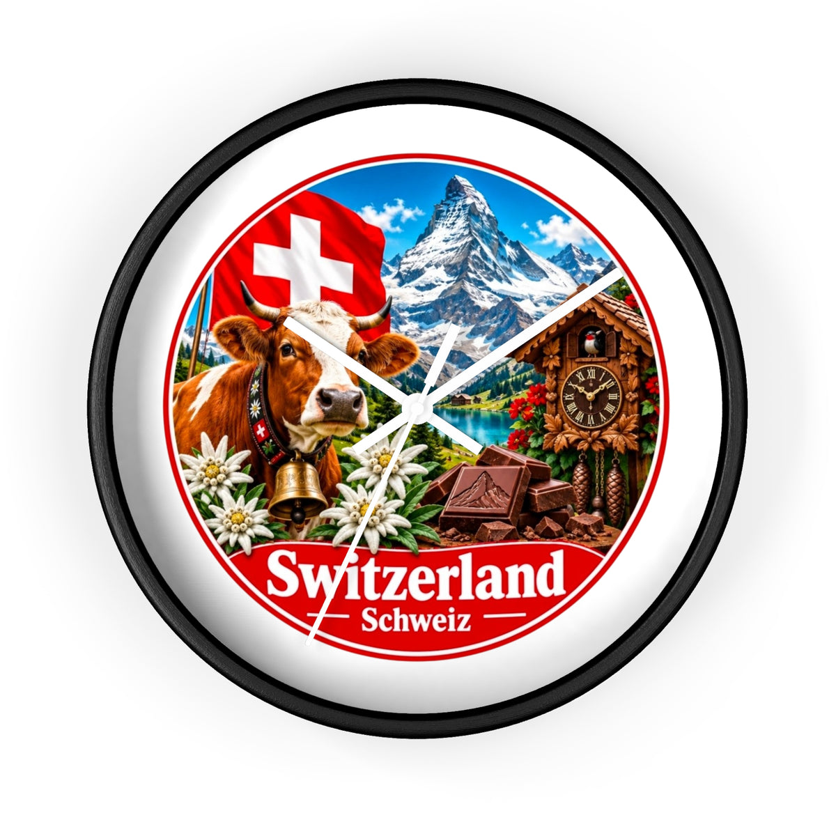 Switzerland Wall Clock — Alpine Cow, Cuckoo Clock & Matterhorn Souvenir
