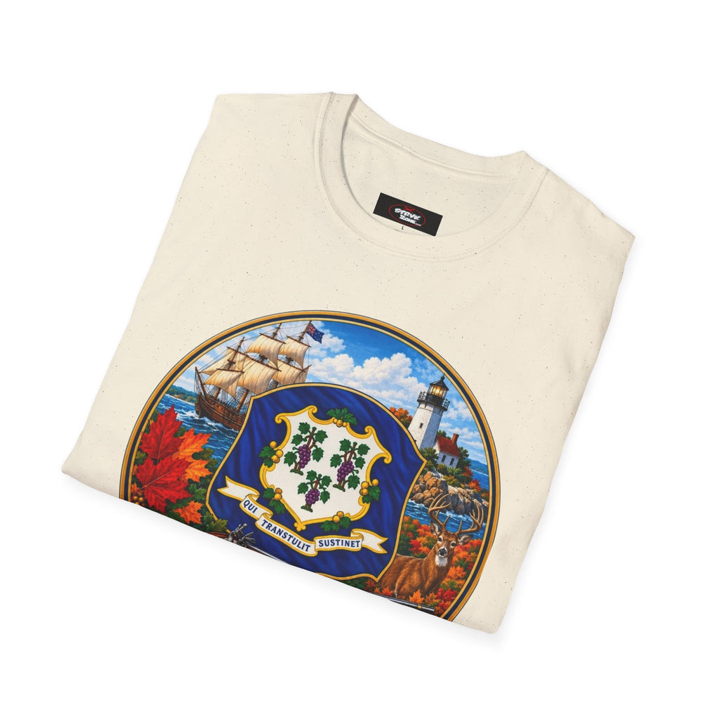 Connecticut Retro State Seal T-Shirt — Vintage Lighthouse & Ship Design