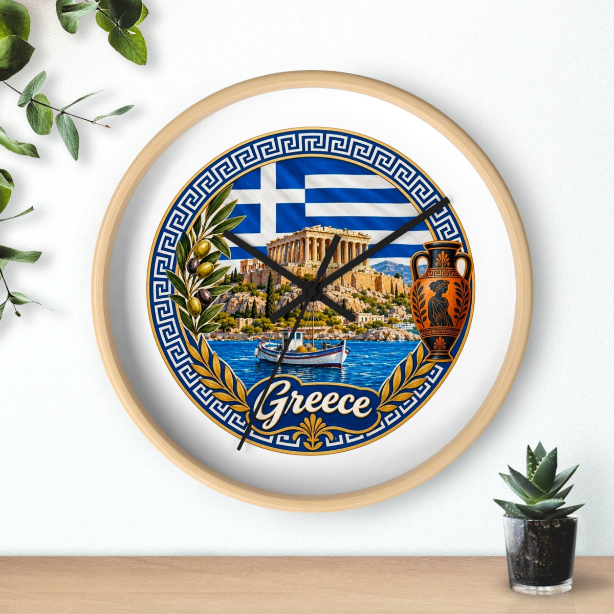 Greece Decorative Wall Clock — Parthenon, Olive Branch & Greek Flag Design